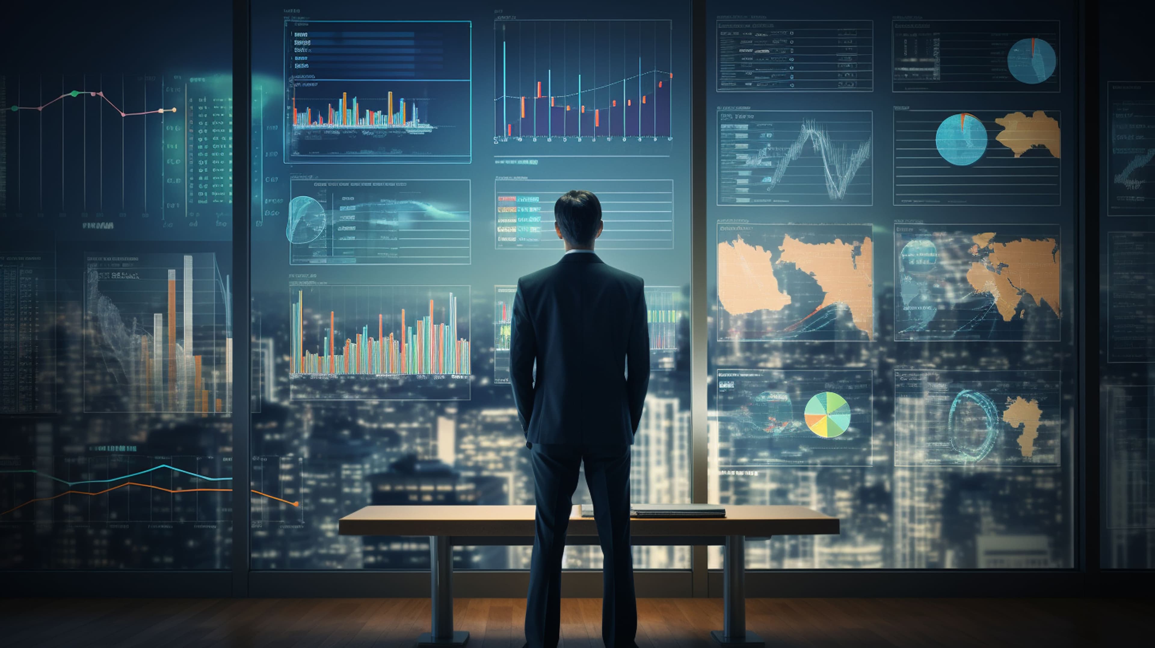 Data visualization dashboard with a person looking at financial charts